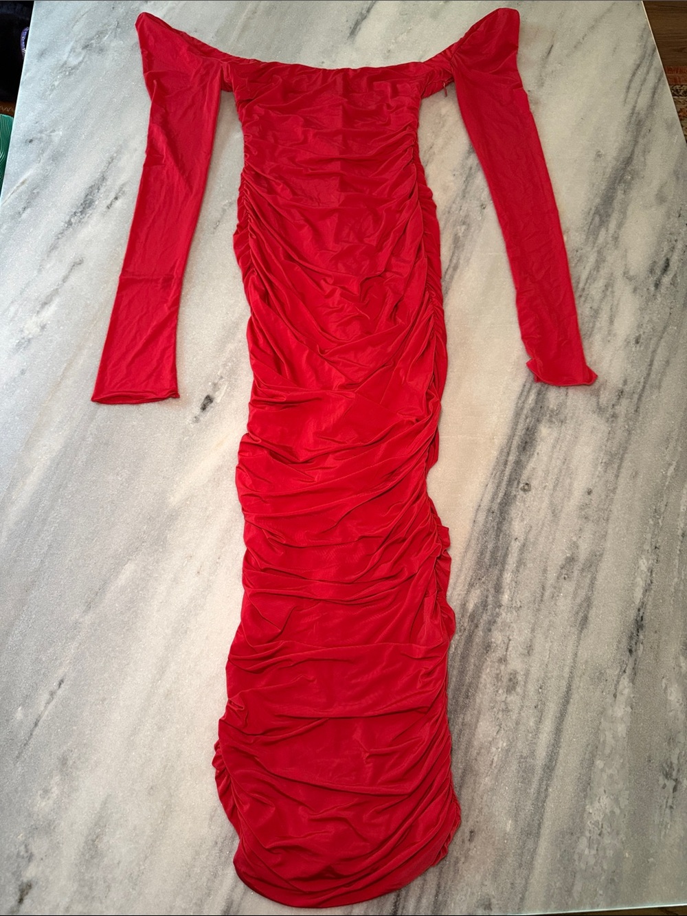 Oh Polly Red Off-Shoulder Ruched Long Sleeve Midi Dress